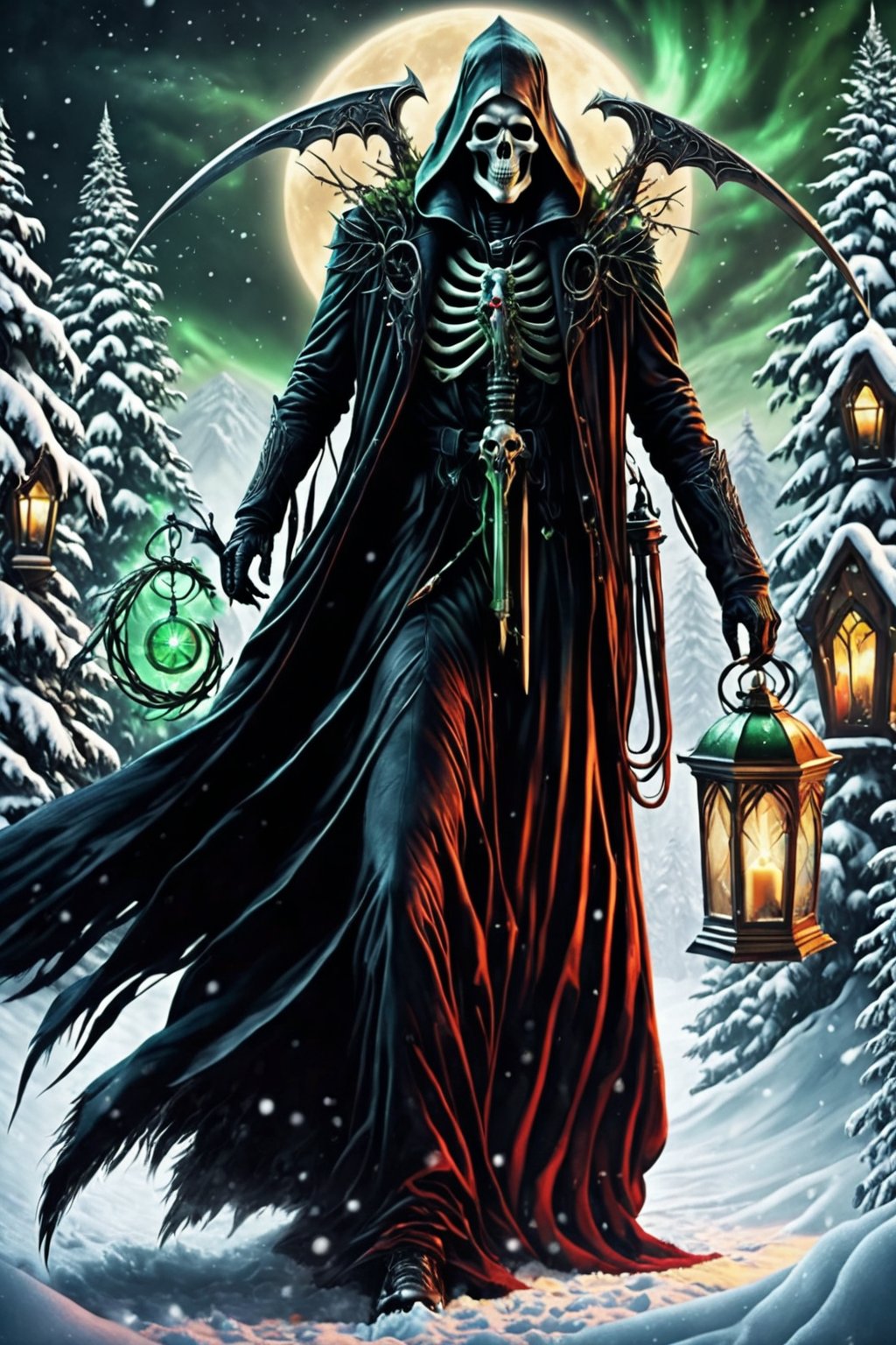 draw the grim reaper in a frozen winter enjoying Christmas and receiving a gift,  the grim reaper looks happy to receive t...