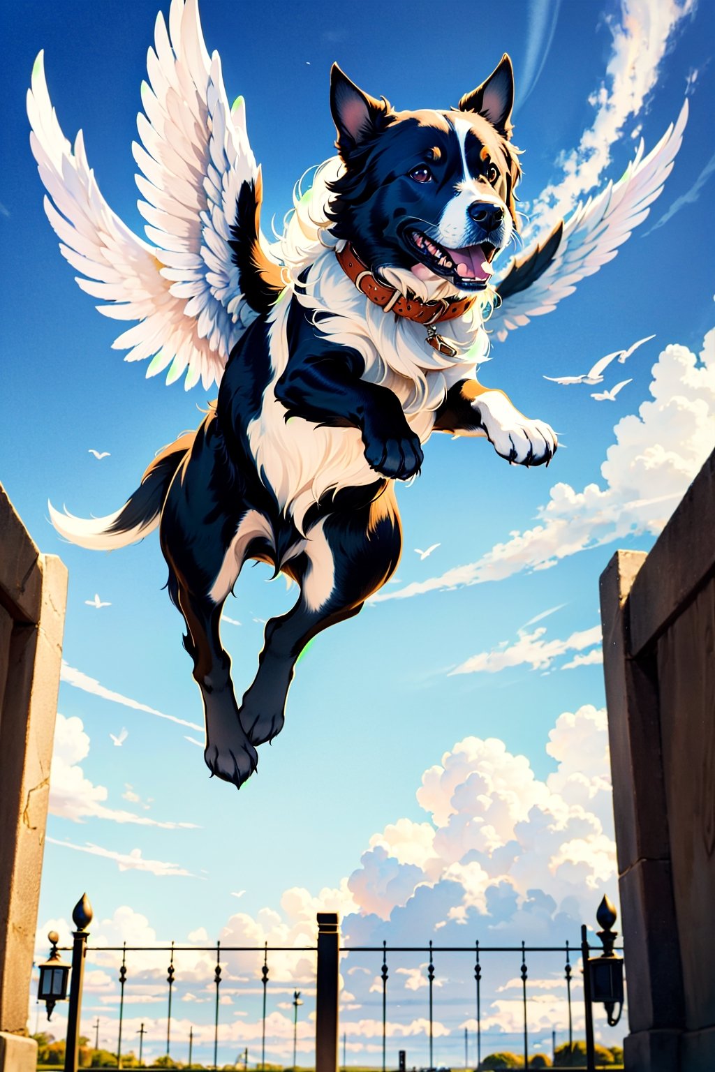 a large, thin dog, with brown hair, white paws, with white wings, with a beautiful abstract sky with bluish touches, flying towards the gates of heaven