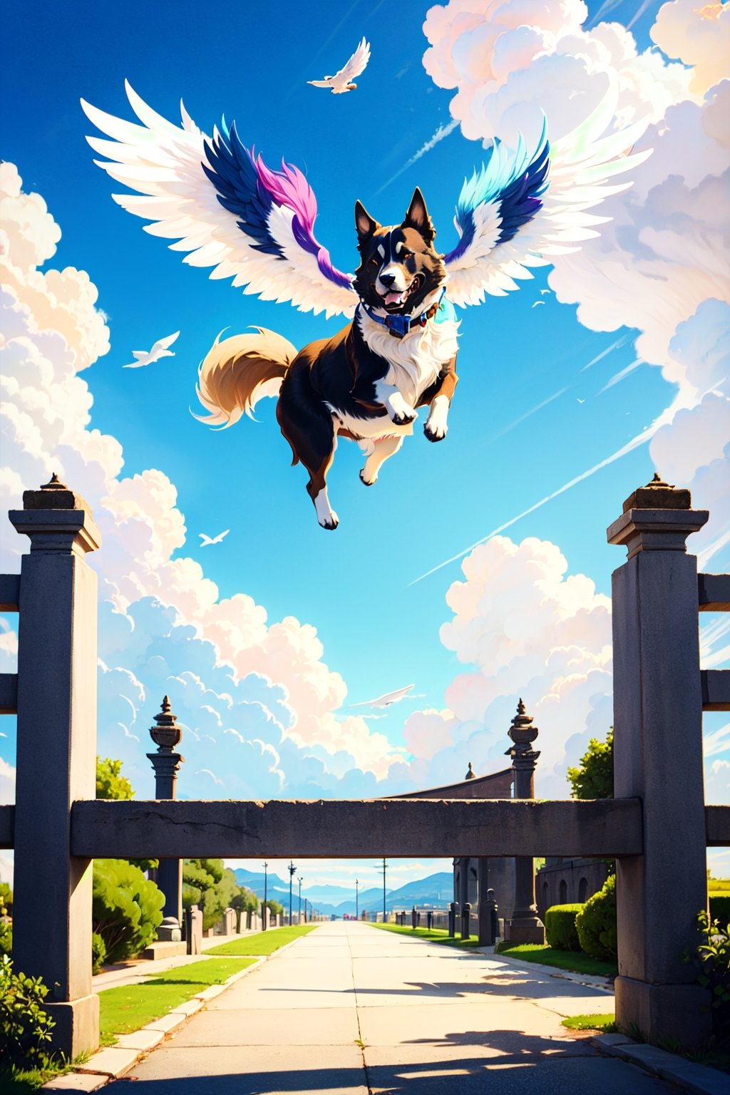 a large, thin dog, with brown hair, white paws, with white wings, with a beautiful abstract sky with bluish touches, flying towards the gates of heaven