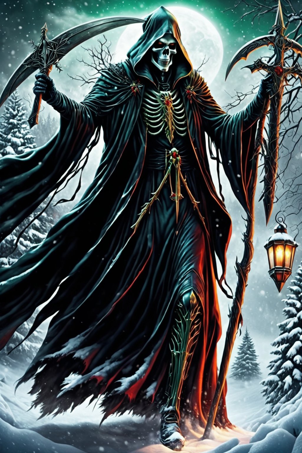 draw the grim reaper in a frozen winter enjoying Christmas and receiving a gift,  the grim reaper looks happy to receive t...