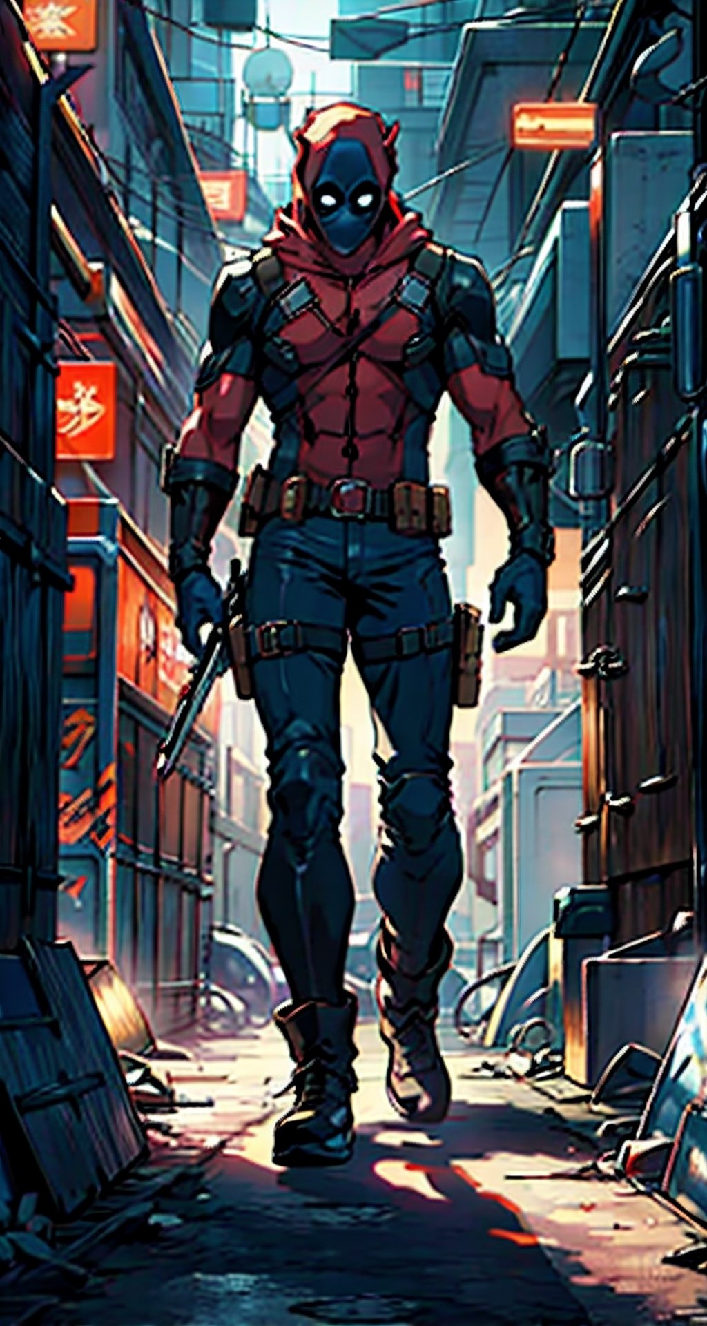 Create the character Deadpool from Marvel Comics, full body, the character must carry a 36 caliber magnun weapon and a gold dagger in the other hand, his suit is crimson red with black parts, his pants are jet black, the mask must be crimson red and white in the eyes, his belt must have an "X" as a buckle, the background must be an exploding tank, 
24.1 megapixel, 1053 focus point, 4150k dots screen resolution, (8K, RAWphoto, ultra-best quality, masterpiece: 1.2), (realistic, photo- realistic:1.37), ultra-detailed, ultra-realistic, professional lighting, photon mapping, radiosity, physically-based rendering, highly detailed, digital photography, cinematographic lighting, rendering photography, rendering photo, Color magic,Saturated colors, ,kofune_ushio