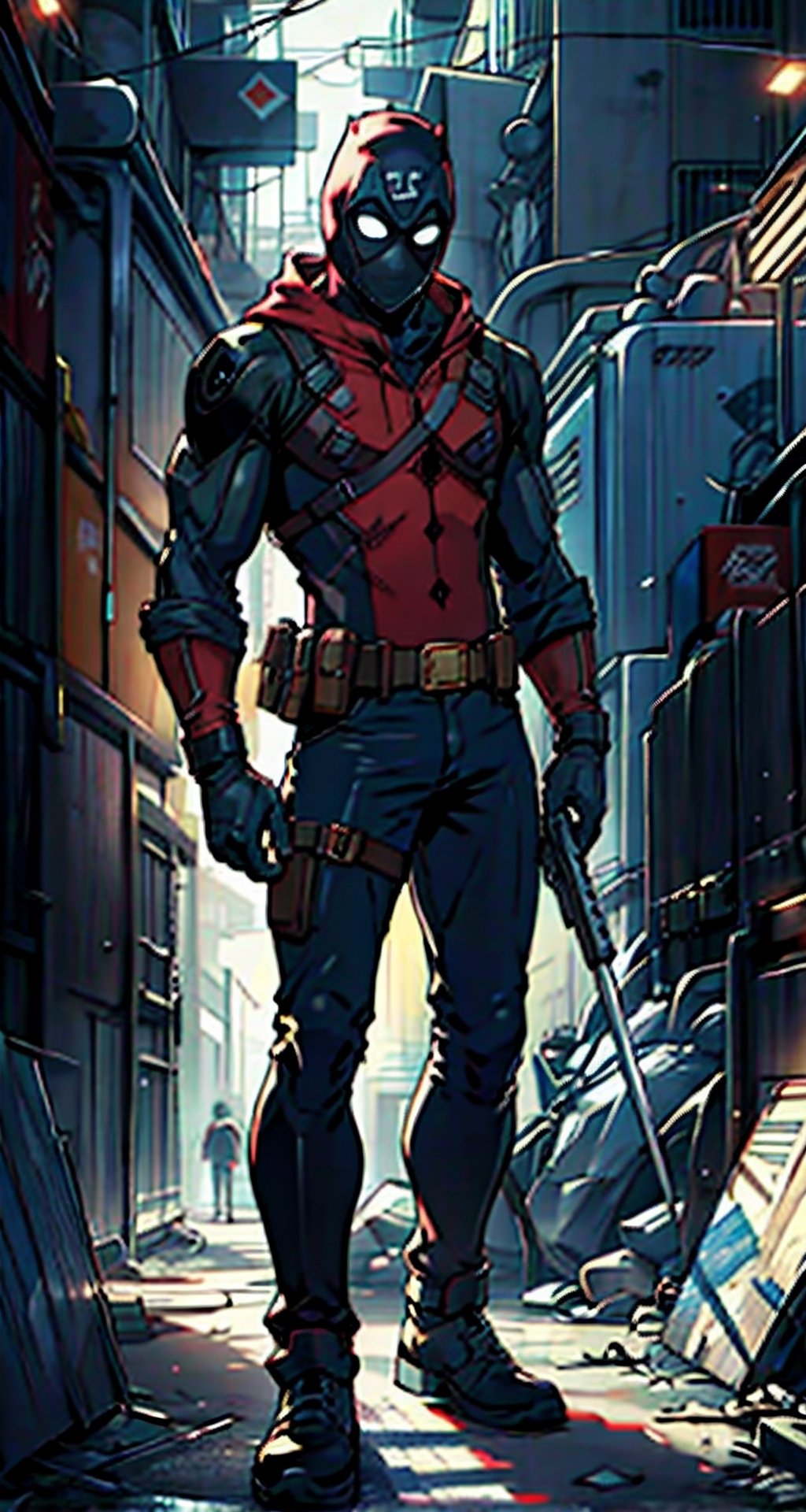 Create the character Deadpool from Marvel Comics, full body, the character must carry a 36 caliber magnun weapon and a gold dagger in the other hand, his suit is crimson red with black parts, his pants are jet black, the mask must be crimson red and white in the eyes, his belt must have an "X" as a buckle, the background must be an exploding tank, 
24.1 megapixel, 1053 focus point, 4150k dots screen resolution, (8K, RAWphoto, ultra-best quality, masterpiece: 1.2), (realistic, photo- realistic:1.37), ultra-detailed, ultra-realistic, professional lighting, photon mapping, radiosity, physically-based rendering, highly detailed, digital photography, cinematographic lighting, rendering photography, rendering photo, Color magic,Saturated colors, ,kofune_ushio