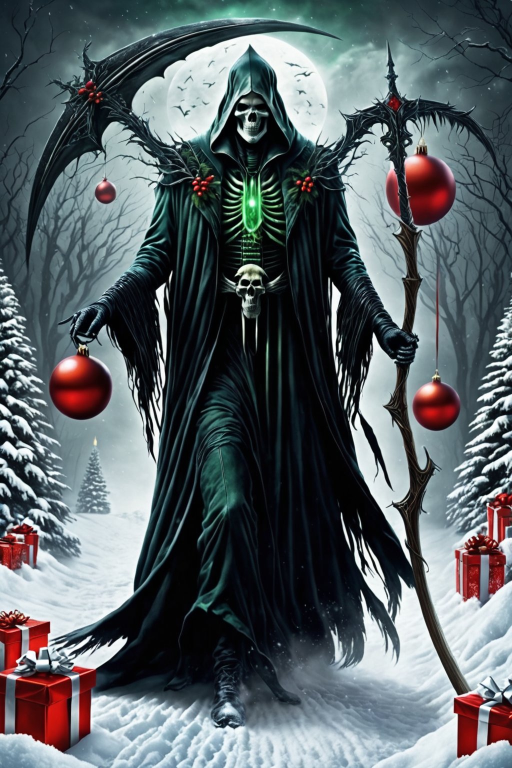 draw the grim reaper in a frozen winter enjoying Christmas and receiving a gift,  the grim reaper looks happy to receive t...