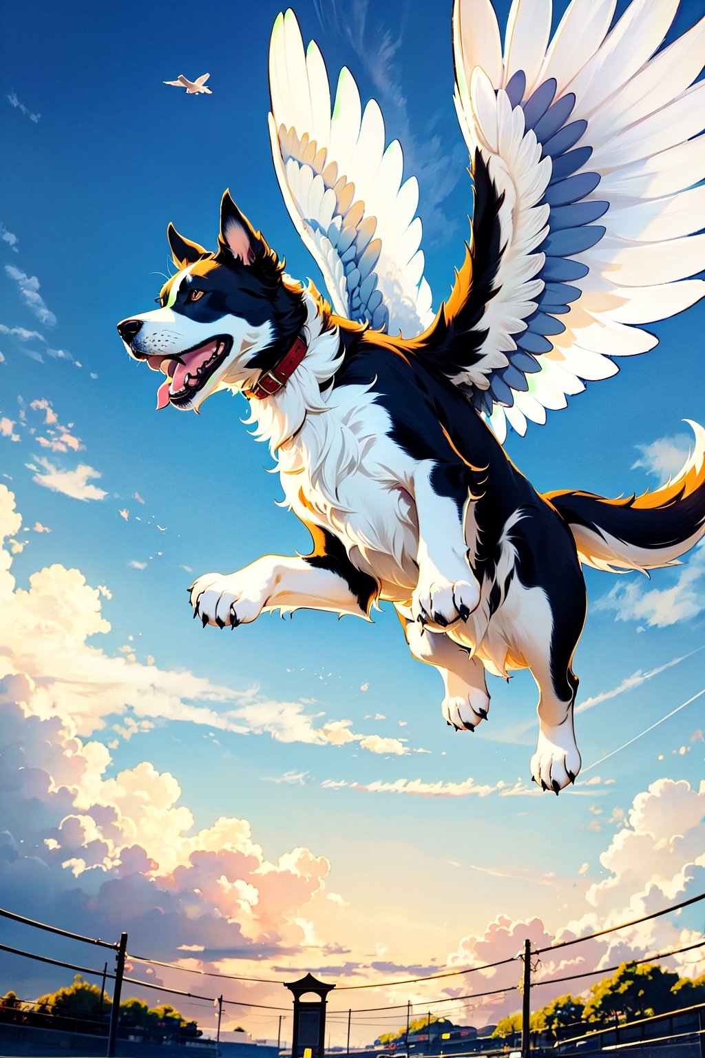 a large, thin dog, with brown hair, white paws, with white wings, with a beautiful abstract sky with bluish touches, flying towards the gates of heaven