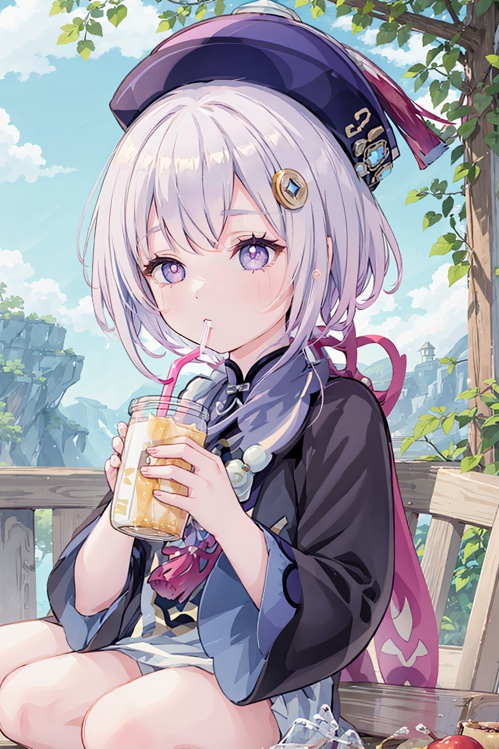 masterpiece, nude,best quality, qiqi (genshin impact), 1girl, drinking straw, solo, hat, qing guanmao, coin hair ornament, hair ornament, jiangshi, purple hair, bead necklace, beads, drinking, ofuda, holding, snowflakes, necklace, purple eyes, bangs, jewelry, long sleeves, hair between eyes, looking at viewer, chibi, drink, long hair, sidelocks, coconut, drinking straw in mouth, milk carton, sparkling eyes, +_+, symbol-shaped pupils, wide sleeves, chinese clothes, juice box, talisman, can, bendy straw, holding drink,qiqi (genshin impact)