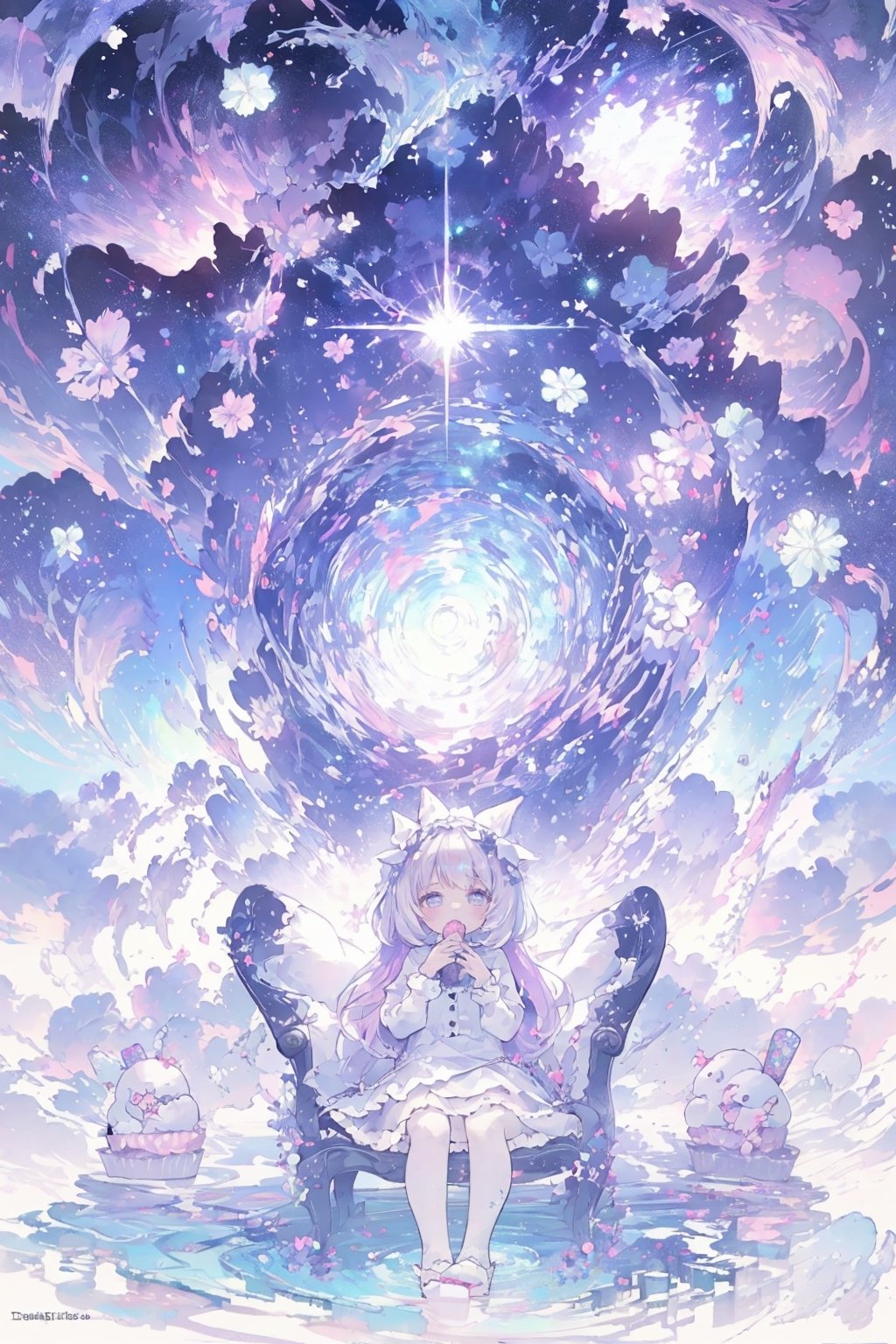 DArt,EpicSky,sky,cloud,1girl, bright white hair, long hair, purple eyes, pale skin, lolita dress, white dress, short dress, white thigh stockings, small breasts, pale skin, soft skin, rainbow, hearts, heart pillows, pastel, crystals, halo, colorful, pink, purple, blue, doll)), ((lots of dolls)) ((sunlight coming through window)) ((background, cute home)) ((light atmosphere)) ((dolls in home)) ((sitting up, fullbody)) (fluffy, soft, light, bright, sparkles, twinkle, cute, pink, purple, blue, clouds, pastel, light colors, glitter, happy, normal pupil) best quality, masterpiece, Detailedface, high_res 8K, candyland, full background, candy, sweets, lollipop, chocolate, ice cream, swirl lollipop, strawberry, ice cream, doughnut, cake, cupcake, balloon, chocolate bar, bubble, cream, whipped cream, dessert, pastry, candy wrapper, icing, teacup, confetti,1guy,best quality