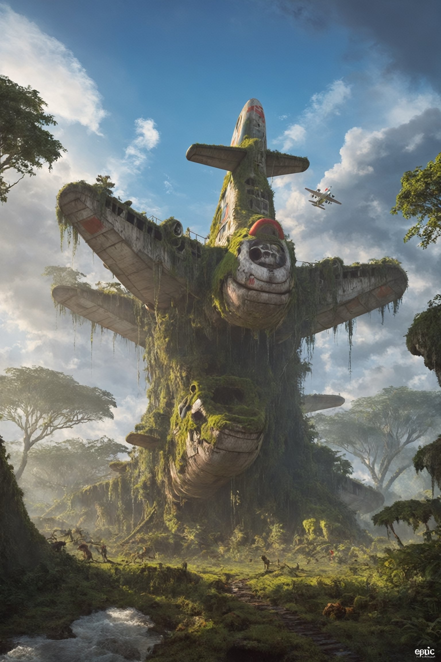 EpicLand,ruins,moss,a plane, jungle, puddle, trees, animals, cloud sky, epic light