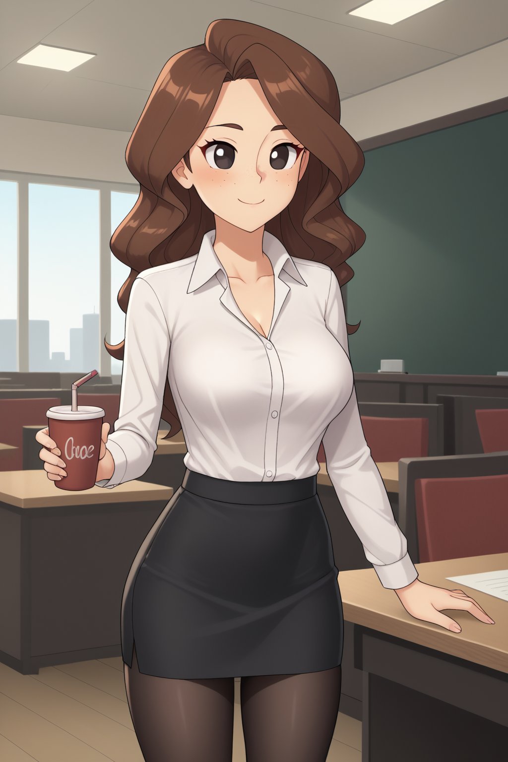 (score_9, score_8, 1girl, xyz, solo, ((LSFNPCXL)), curvy body, medium breasts, long hair, brown hair,black eyes,freckles, (collared shirt, red shirt, pencil skirt, black pantyhose, holding a cup, in the office, table, day))