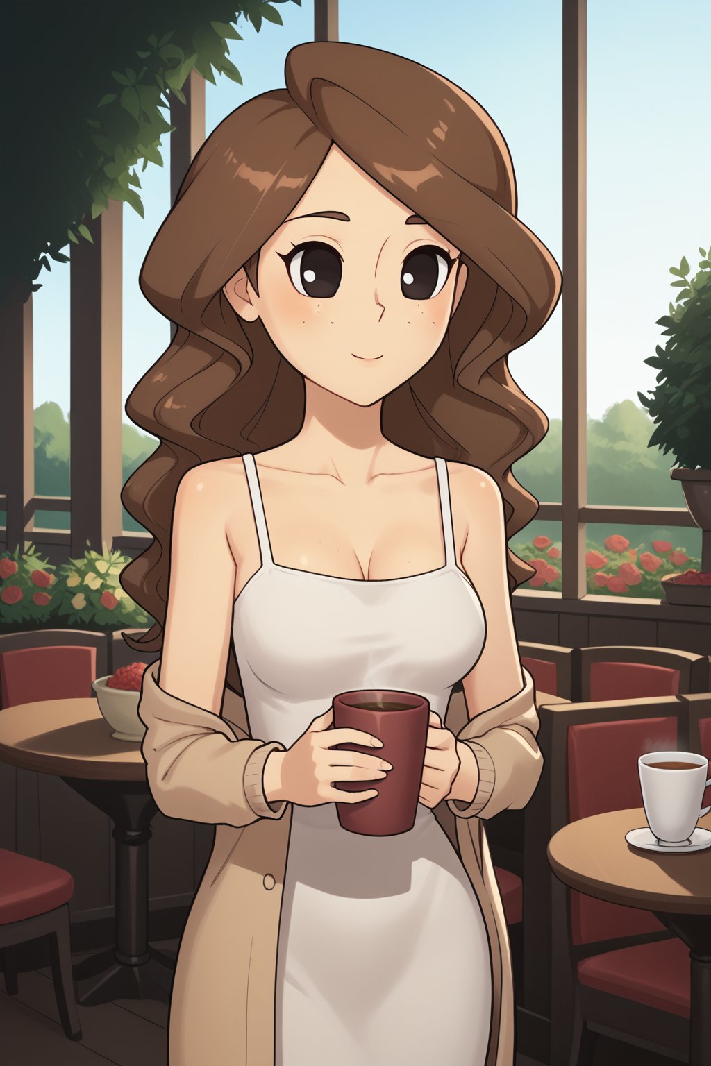 (score_9, score_8, 1girl, xyz, solo, ((LSFNPCXL)), curvy body, medium breasts, long hair, brown hair,black eyes,freckles, (dress, white dress, floral print, beige cardigan, holding a cup, in the garden, table, afternoon:1.5))