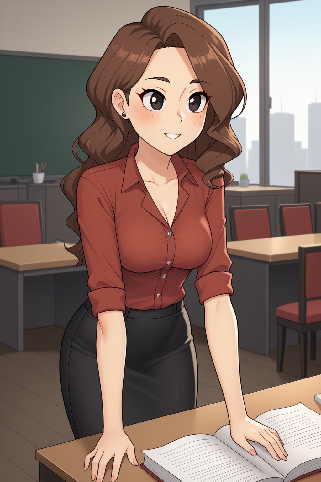 (score_9, score_8, 1girl, xyz, solo, ((LSFNPCXL)), curvy body, medium breasts, long hair, brown hair,black eyes,freckles, (collared shirt, red shirt, pencil skirt, black pantyhose, holding a cup, in the office, table, day))