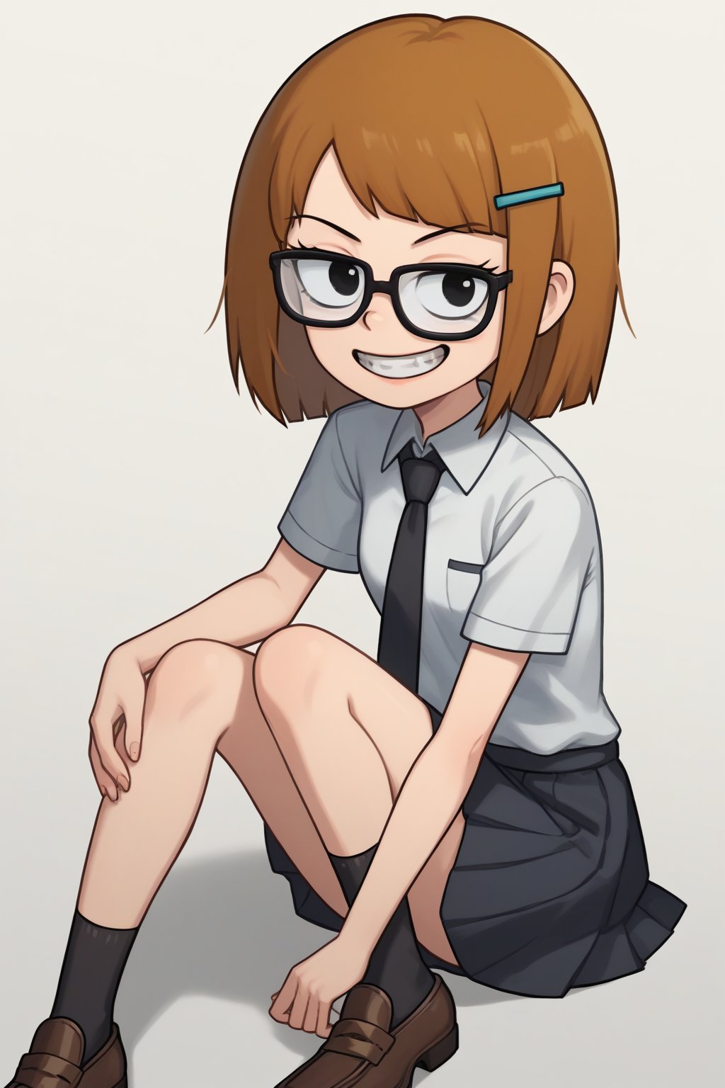 (score_9, score_8, score_7, masterpiece, best, quality, source_anime, highly detailed, (1girl, solo), ((Jackie_wackerman), brown hair, medium hair, black eyes, hairclip, glasses), (school uniform, collared shirt, white shirt, short sleeves,  black necktie, black skirt, black legwear, loafers), evil smile, grin, looking at viewer),SFW