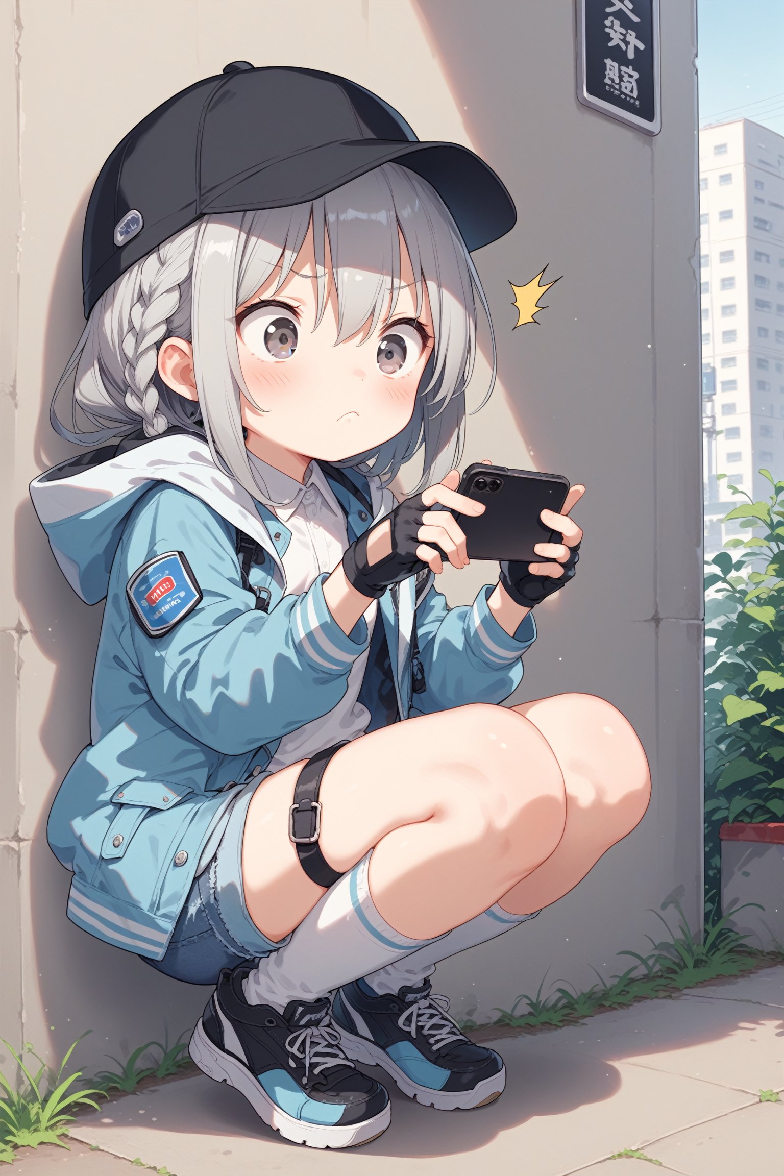 score_9, score_8_up, score_7_up, 1girl, solo, long hair, blush, bangs, grey eyes, shirt, gloves, long sleeves, holding, hair between eyes, jacket, full body, white shirt, grey hair, outdoors, open clothes, shoes, shorts, black gloves, socks, collared shirt, blue baseball cap, fingerless gloves, black footwear, open jacket, short shorts, single braid, black headwear, thigh strap, phone, squatting, hood down, cellphone, denim, white socks, blue jacket, sneakers, hooded jacket, smartphone, holding phone, blue shorts, denim shorts, looking at phone, shocked, frown