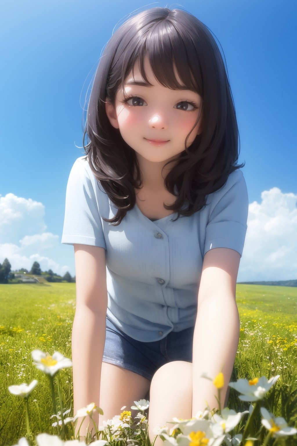 Wenny, masterpiece, best quality, 1girl, casual outfit, meadow, close view, looking at viewer, crouch, long hair, smile, pov, blue sky, closed mouth