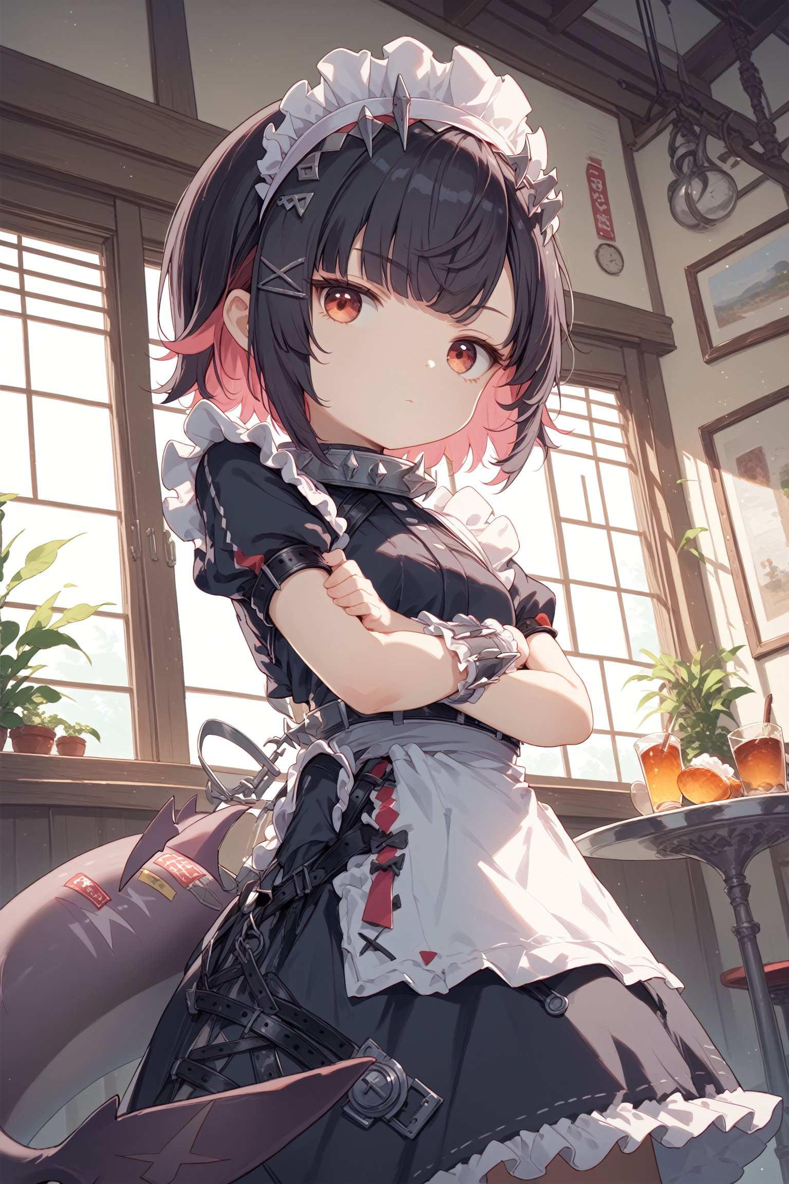 score_9, score_8_up, score_7_up, 1girl, solo, indoors, cafe, looking at viewer, ellen joe, shark tail, maid dress, maid apron, wrist cuffs, maid headdress, hairclip, spiked collar, crossed arms, expressionless, dynamic angle, black hair