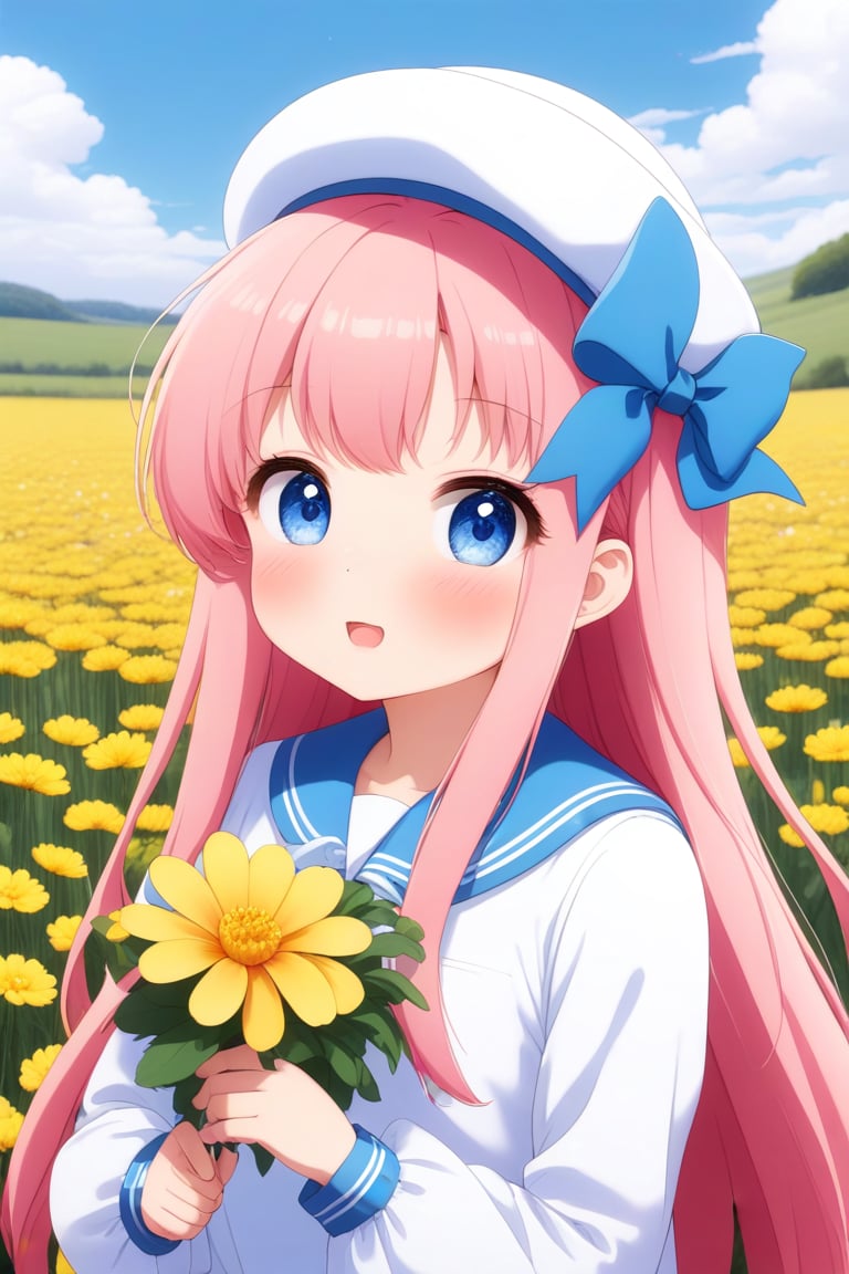 1girl, solo, long hair, looking at viewer, blush, bangs, blue eyes, long sleeves, hat, dress, bow, holding, closed mouth, pink hair, flower, outdoors, sailor collar, white dress, pink bow, blue headwear, sailor dress, realistic, yellow flower, holding flower, field, flower field