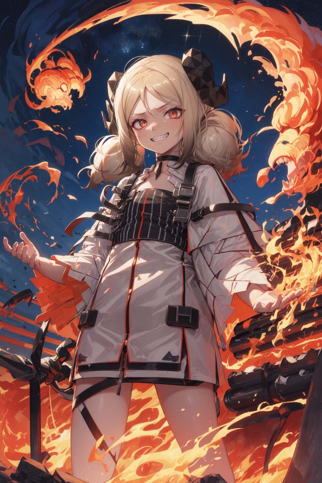 ifdef,1girl, masterpiece, best quality, night sky,street,evil grin, looking at viewer,standing,fiery eyes,hand up , fire background,fire in hand