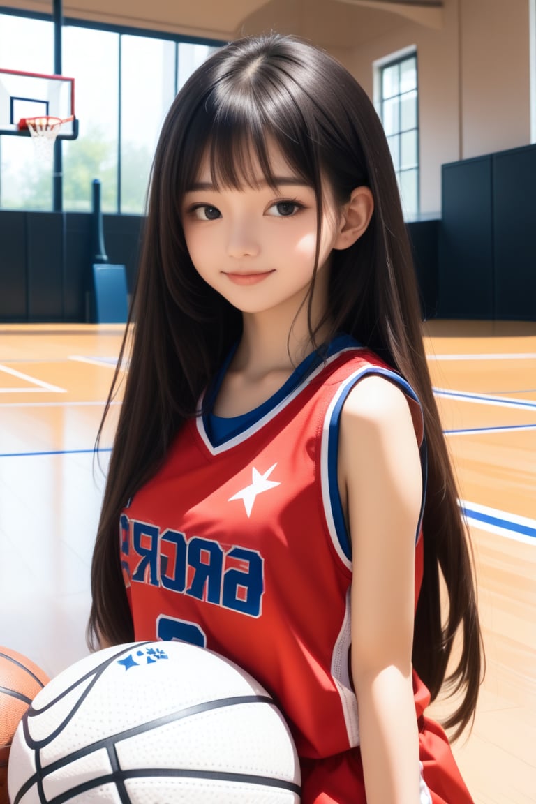 rcgb, girl with long dark hair and fair skin, posing in an indoor basketball court. She is seated on the wooden floor, wearing a sleeveless red sports jersey adorned with white stars, and holds a basketball. Her expression is serene and contemplative, and she gazes directly at the camera. The background is blurry, along with a window that suggests daylight outside. The setting evokes a casual, athletic ambiance.