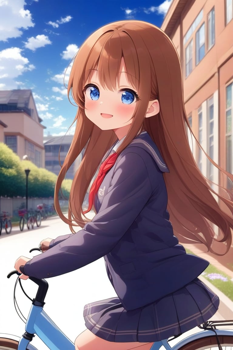 kawaii, 1girl, solo, long hair, smile, bangs, blue eyes, brown hair, school uniform, ahoge, outdoors, sky, day, cloud, blue sky, building, puffy long sleeves, riding bicycle, side view, from side