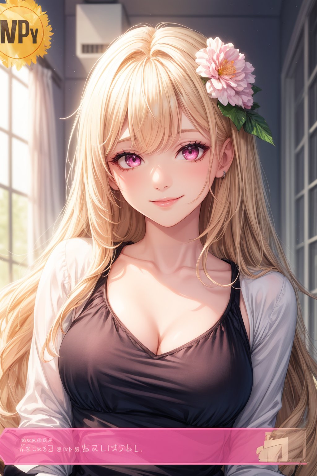 1girl, solo, long hair, looking at viewer, smile, bangs, blonde hair, shirt, hair ornament, upper body, flower, hair flower, pink eyes, fake screenshot