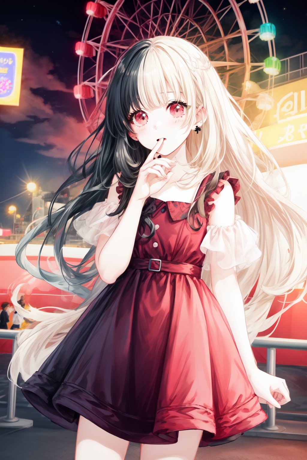 Half Color,girl1,hair blonde half black hair,longhair ,cute outfit ,pastel pink dress,"hairstyle melanie martinez"night light",beautiful face,amusement park background,ferris wheel in the background,(hlfcol haired girl with color1 and col),perfect light