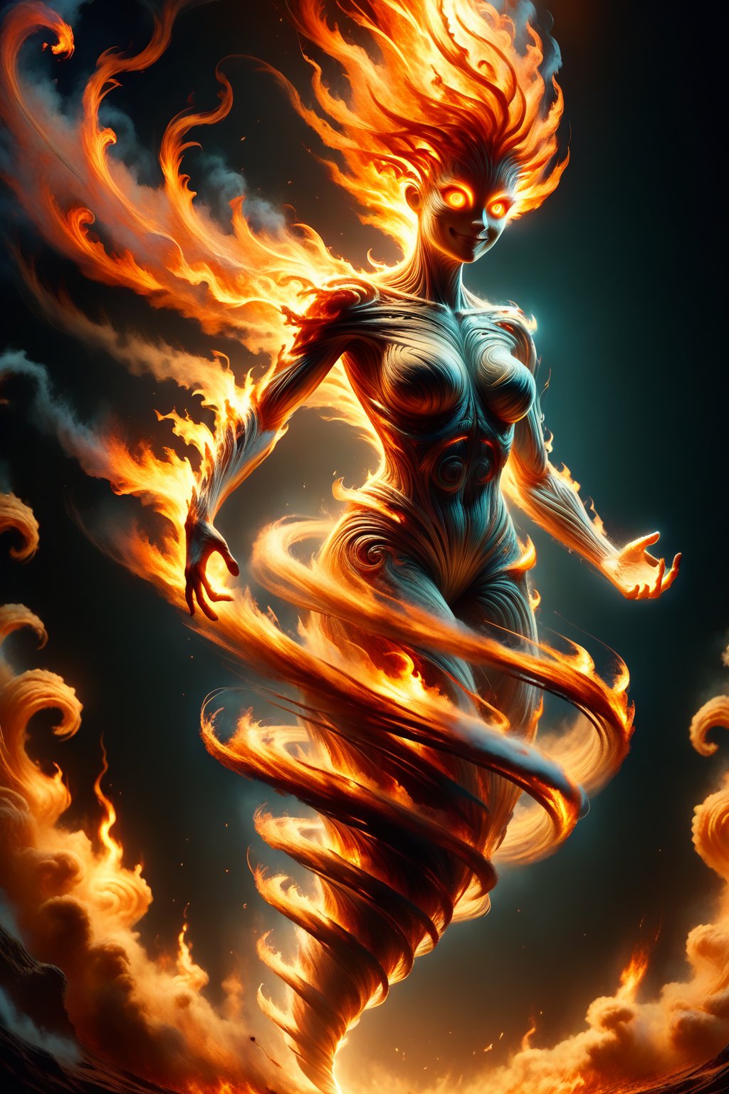 hyper detailed masterpiece, dynamic, awesome quality, expressive eyes, floating fire, (fire body:1.2), light smile, (clear edge lines), (dynamic angle), female, (looking at viewer), (bioluminescent), (linquivera), liiv1, DonM3l3m3nt4lXL, 