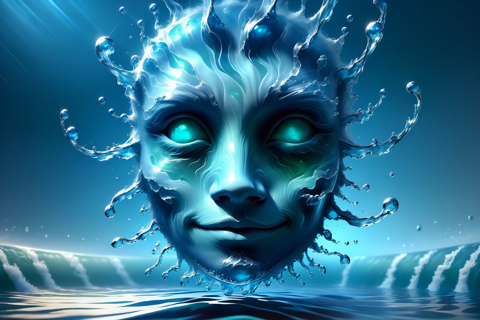 hyper detailed masterpiece, dynamic, awesome quality, expressive eyes, floating riwer, (water face:1.4), DonMW15pXL, light smile, (clear edge lines), (dynamic angle), female, (looking at viewer), (bioluminescent), (linquivera), liiv1, 