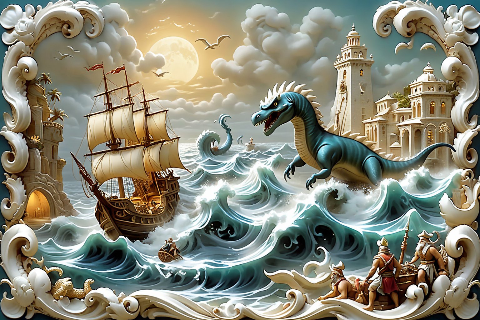 On a moonlit, mystical sea, Sinbad the Sailor navigates treacherous waters, (his ship surrounded by mythical creatures and awe-inspiring landscapes). (marine life:1.3), (sea monsters:1.3), atmospheric effects, epic, awe-inspiring scene, 