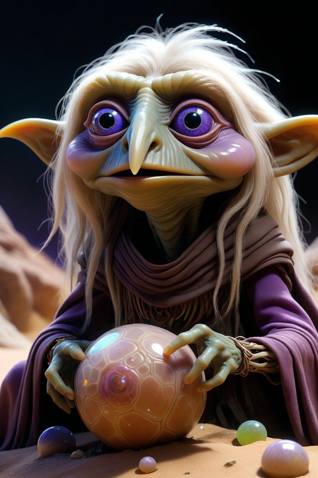 dark crystal style, Jim Henson, detailed expressive eyes, fantasy style, depicted is the gross logmephit, a curious being with psychic powers emenating from its noodleplinking orbshnodder, it likes to lay in ambush within the tranquil sassled oases that dot the colorful hizled deserts of the accursed planet rayboldwashere