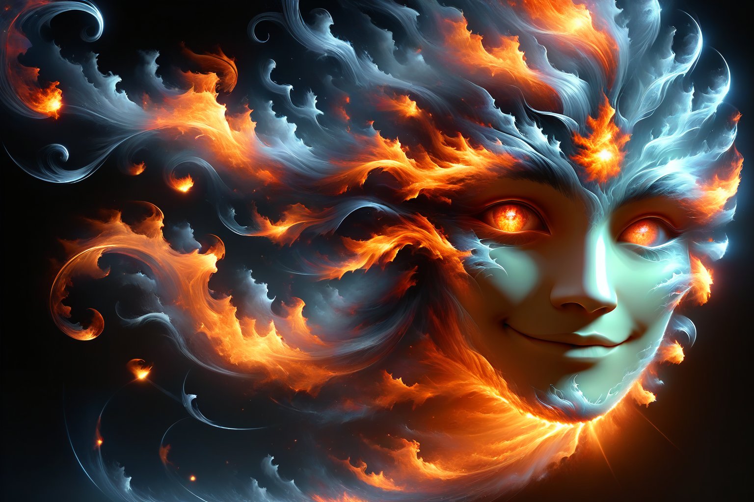 hyper detailed masterpiece, dynamic, awesome quality, expressive eyes, floating fire, (fire face:1.2), DonMW15pXL, light smile, (clear edge lines), (dynamic angle), female, (looking at viewer), (bioluminescent), (linquivera), liiv1, 