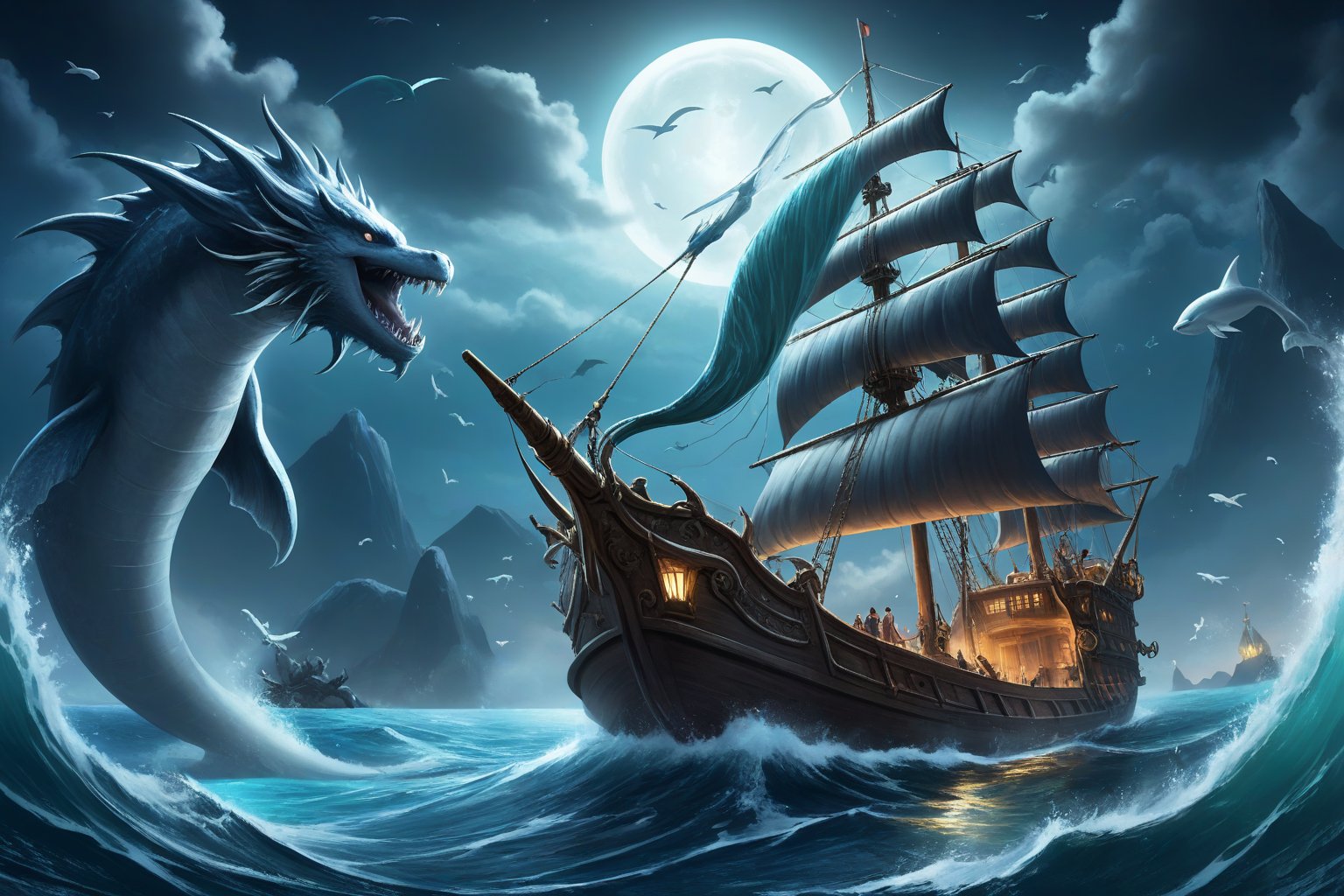 On a moonlit, mystical sea, Sinbad the Sailor navigates treacherous waters, (his ship surrounded by mythical creatures and awe-inspiring landscapes). (marine life:1.2), (sea monsters), atmospheric effects, epic, awe-inspiring scene, 