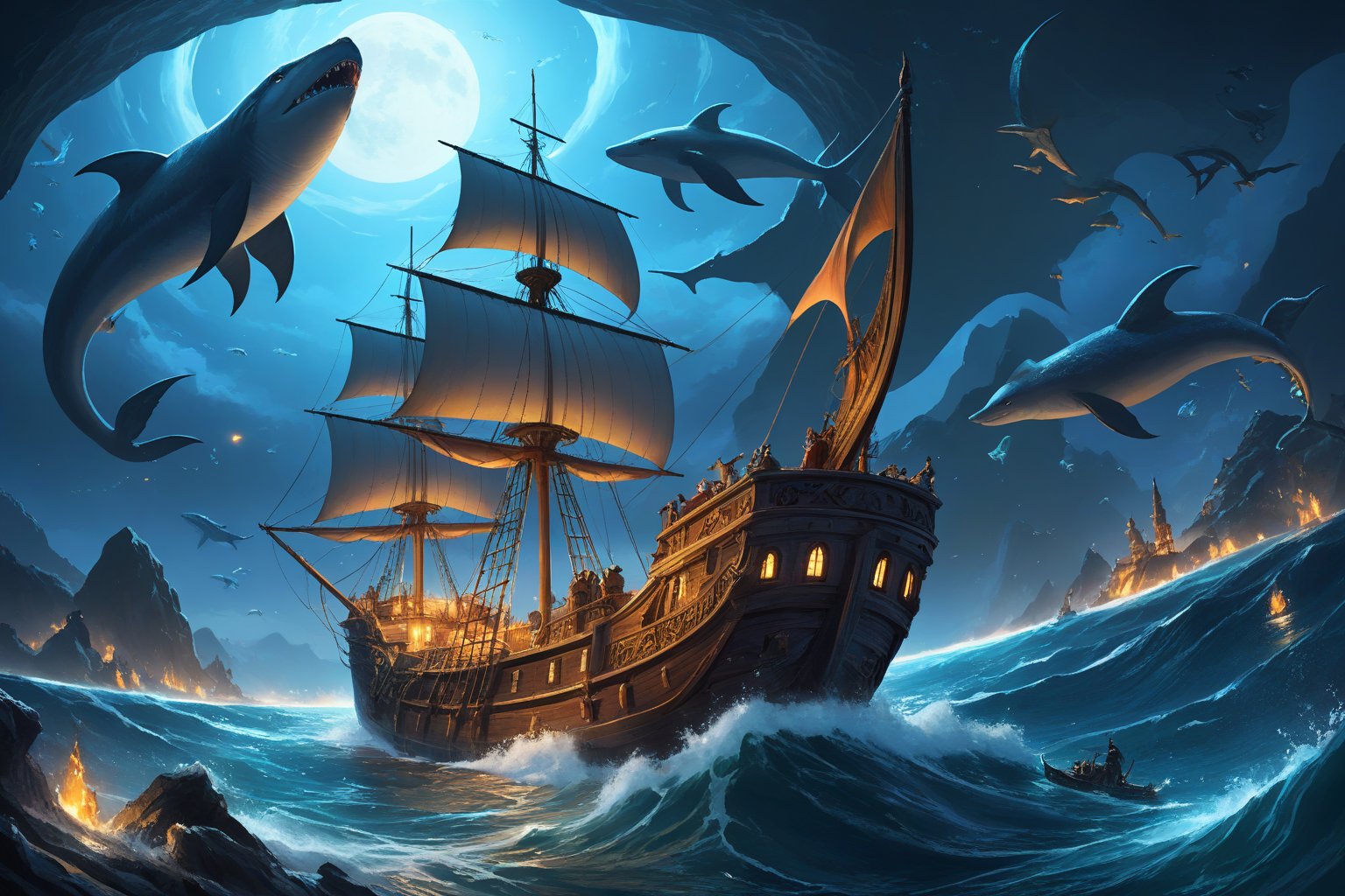 On a moonlit, mystical sea, Sinbad the Sailor navigates treacherous waters, (his ship surrounded by mythical creatures and awe-inspiring landscapes). (marine life:1.2), (sea monsters), atmospheric effects, epic, awe-inspiring scene, 