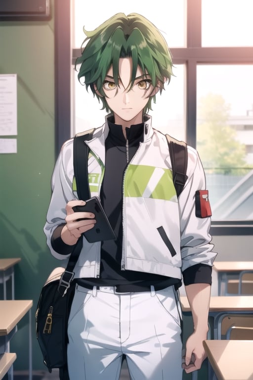 (masterpiece), best quality, best face, perfect face, a girl, lime_green hair, short hair, golden eyes, Suzuna, asymmetric bangs, male uniform, white jacket, white pants, technological classroom, yellow t-shirt, Haruka, rokuro_enmadou