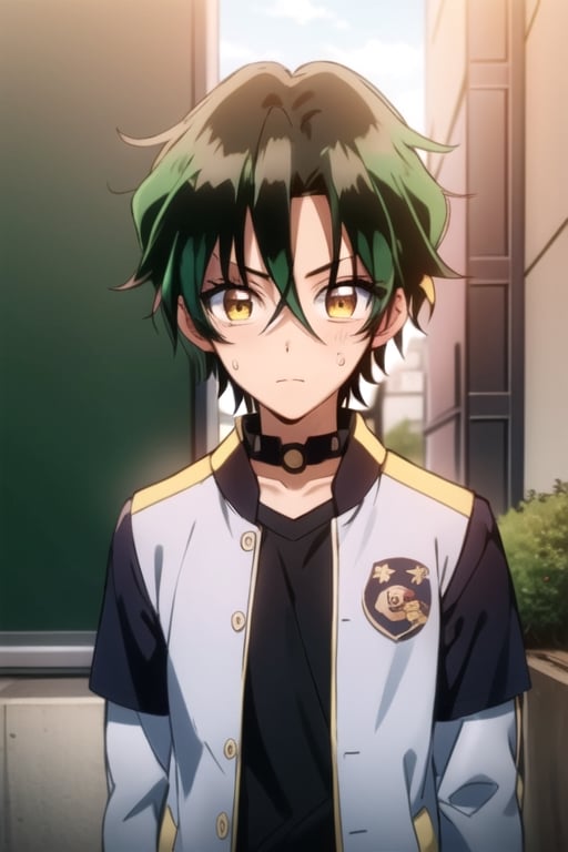 (masterpiece), best quality, best face, perfect face, a girl, lime_green hair, short hair, golden eyes, Suzuna, asymmetric bangs, male clothes, Japanese male school uniform, white jacket, white pants, technological classroom, yellow t-shirt, Haruka, rokuro_enmadou