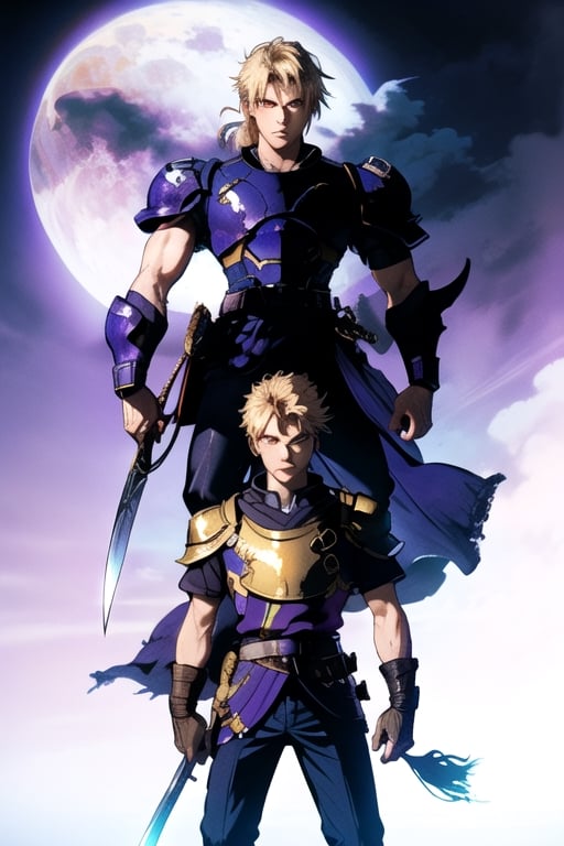 (masterpiece), best quality, best face, perfect face, Yoshitaka_Amano, a boy, blue dressed, blond, purple eyes, ponytail, gold armor pauldron, a sword in his right hand, a shield on his back, few colors, most black and white, long_pants, SAM YANG, xjrex, suzuna, black sky, final fantasy