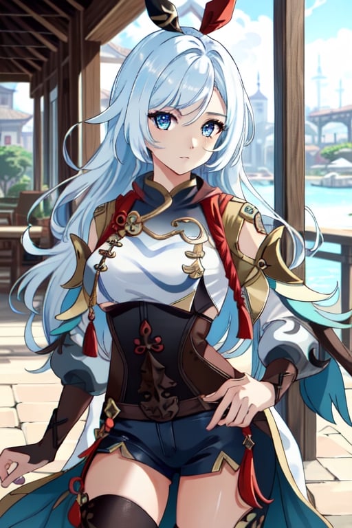 (masterpiece), best quality, expressive eyes, perfect face, perfect eyes, ((best quality)), ((highly detailed)), detailed face, beautiful face, (detailed eyes, deep eyes), girl, (((female))), big deep blue eyes, ((long voluminous hair)), ((white hair)), deep eyes, ((pelt tribal heavy clothes)), poor clothes, skinny, dirty face, smile, leather clothes, shenhe(genshin impact),