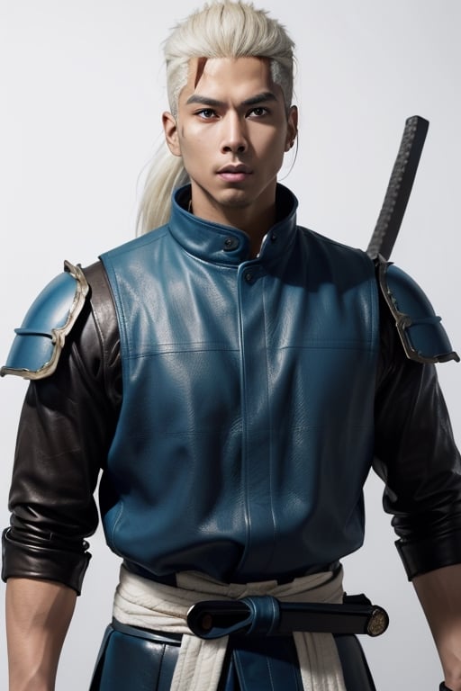 (masterpiece), best quality, expressive eyes, perfect face, centered, (platinum futuristic armor),  (futuristic dojo background), (male), (modern samurai), jinbaori, ((futuristic azure samurai leather long gillet)), (yellow highlights), blue, (white hair), (long ponytail), (futuristic katana at the belt), leather, jedi, young, blue, azure, ((white Haori))