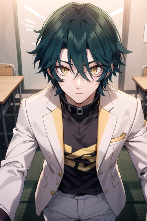 (masterpiece), best quality, best face, perfect face, a girl, acid_green hair, short hair, golden eyes, Suzuna, asymmetric bangs, male clothes, Japanese male school uniform, white jacket with korean collar, white pants, technological classroom, yellow t-shirt,