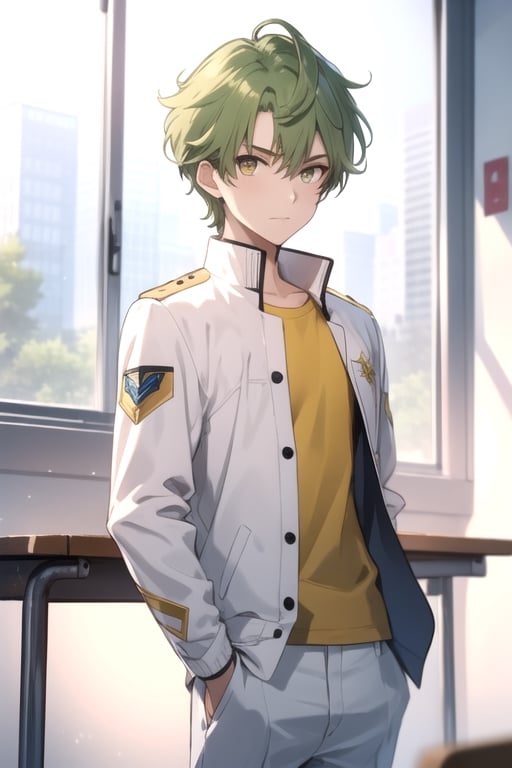 (masterpiece), best quality, best face, perfect face, a girl, female, lime_green hair, short hair, golden eyes, Suzuna, asymmetric bangs, male uniform, white jacket, white pants, technological classroom, yellow t-shirt, Haruka, rokuro_enmadou,suzuna,haruka