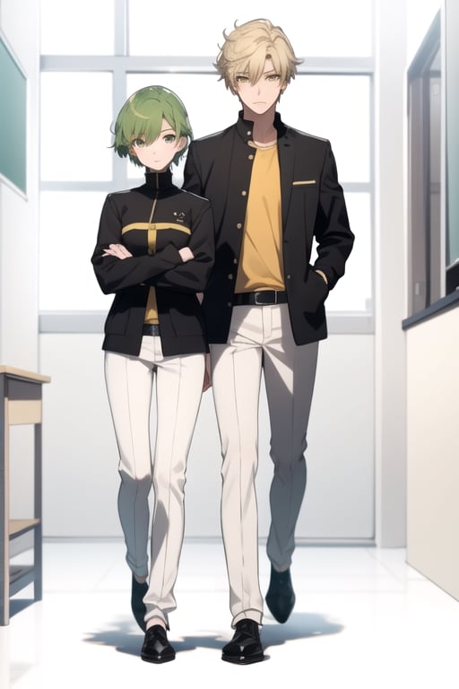 (masterpiece), best quality, best face, perfect face, a girl, female, lime_green hair, short hair, golden eyes, Suzuna, asymmetric bangs, male uniform, white and black jacket, white pants, technological classroom, yellow t-shirt, Haruka, rokuro_enmadou,suzuna,haruka