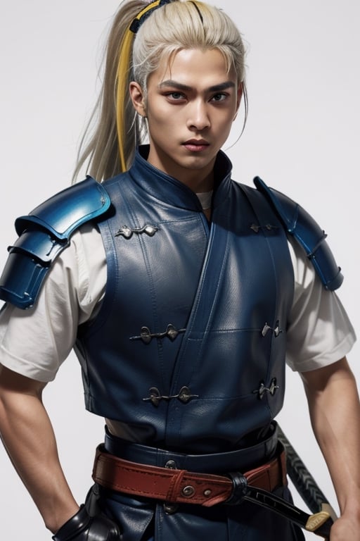 (masterpiece), best quality, expressive eyes, perfect face, centered, (platinum futuristic armor),  (dojo background), (male), (modern samurai), jinbaori, ((futuristic azure samurai leather long gillet)), (yellow highlights), blue, (white hair), (long ponytail), (futuristic katana at the belt), leather, jedi, young, blue, azure,