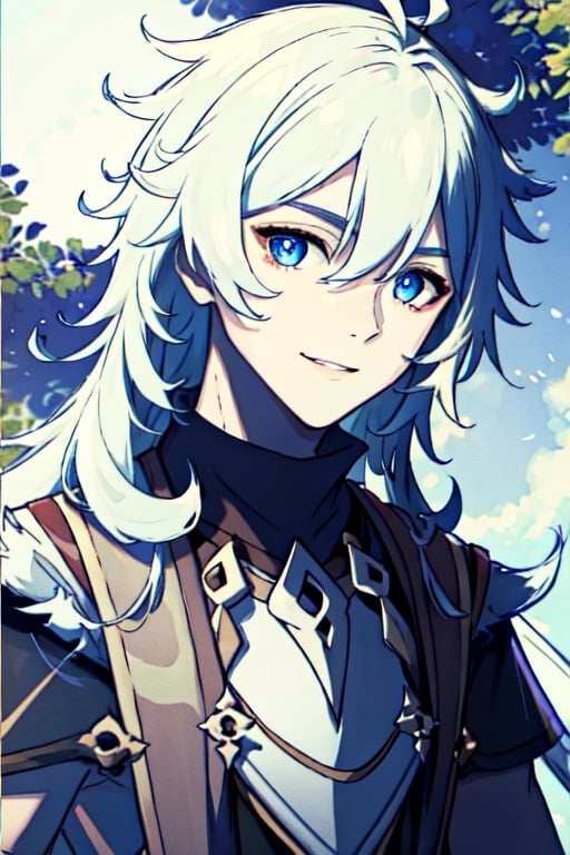 (masterpiece), best quality, expressive eyes, perfect face, perfect eyes, ((best quality)), ((highly detailed)), detailed face, beautiful face, (detailed eyes, deep eyes), female, big deep blue eyes, ((long voluminous hair)), ((white hair)), deep eyes, ((pelt tribal heavy clothes)), razor clothes, dirty, smile, character \(series\),character \(series\)