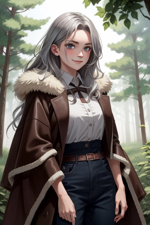 {1girl}, magician, white skin, HDR,UHD,8K, best quality, {masterpiece}, Highly detailed, slender, {{smile}}, messy hair, {{long hair}}, {{silver hair}}, forest, {{{pelt and leather clothes}}}, {{{{really Poor clothes}}}}, fur coat, dirt on her face, dirt on her hair, dirt on her clothes