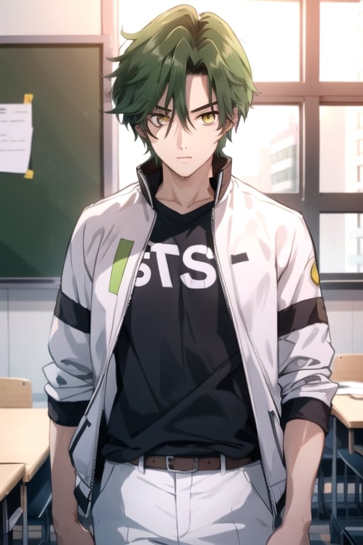 (masterpiece), best quality, best face, perfect face, a girl, lime_green hair, short hair, golden eyes, Suzuna, asymmetric bangs, male uniform, white jacket, white pants, technological classroom, yellow t-shirt, Haruka, rokuro_enmadou