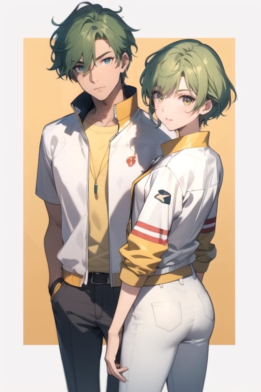 (masterpiece), best quality, best face, perfect face, a girl, female, lime_green hair, short hair, golden eyes, Suzuna, asymmetric bangs, male uniform, white jacket, white pants, technological classroom, yellow t-shirt, Haruka, rokuro_enmadou,suzuna,haruka