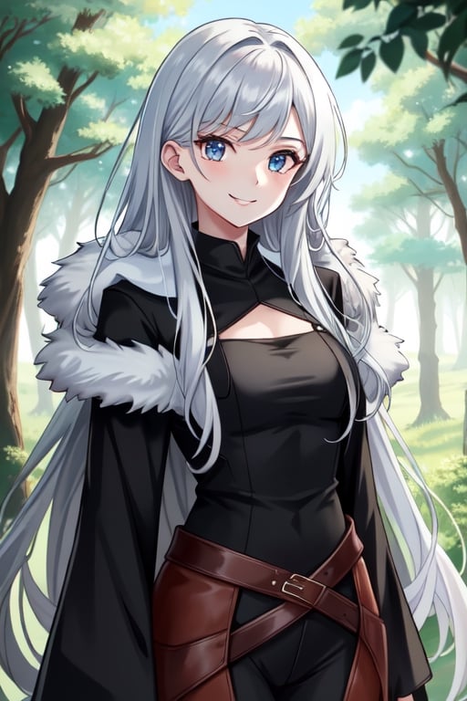 {1girl}, magician, white skin, HDR,UHD,8K, best quality, {masterpiece}, Highly detailed, slender, {{smile}}, messy hair, {{long hair}}, {{silver hair}}, forest, {{{pelt and leather clothes}}}, {{{{really Poor clothes}}}}, fur coat, dirt on her face, dirt on her hair, dirt on her clothes