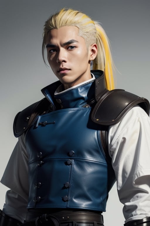 (masterpiece), best quality, expressive eyes, perfect face, centered, (platinum futuristic armor),  (futuristic dojo background), (male), (modern samurai), jinbaori, ((futuristic azure samurai leather long gillet with yellow highlights)), blue, (white hair), (long ponytail), leather, jedi, young, blue, azure, ((white Haori)), cyberpunk