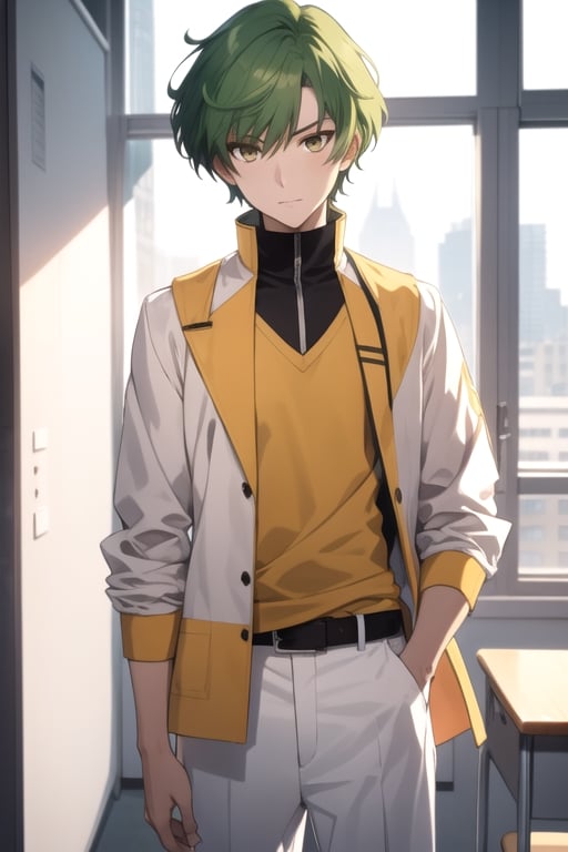 (masterpiece), best quality, best face, perfect face, a girl, female, lime_green hair, short hair, golden eyes, Suzuna, asymmetric bangs, male uniform, white jacket, white pants, technological classroom, yellow t-shirt, Haruka, rokuro_enmadou,suzuna,haruka