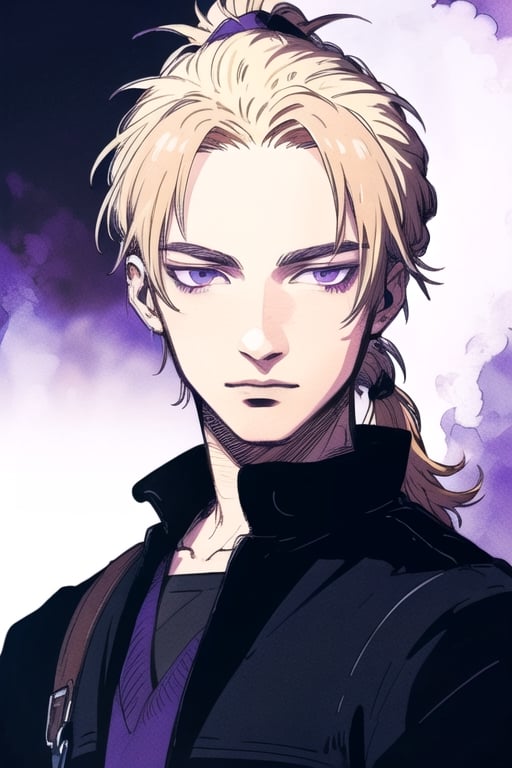 few colors, (masterpiece), best quality, best face, perfect face, Yoshitaka Amano, a boy, ponytail, purple eyes, blond hair, black sky, final fantasy, black and white background