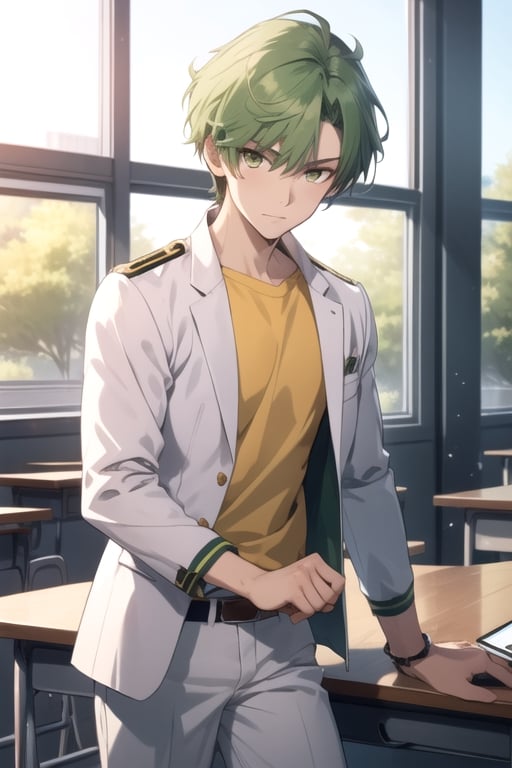 (masterpiece), best quality, best face, perfect face, a girl, female, lime_green hair, short hair, golden eyes, Suzuna, asymmetric bangs, male uniform, white jacket, white pants, technological classroom, yellow t-shirt, Haruka, rokuro_enmadou,suzuna,haruka,short hair