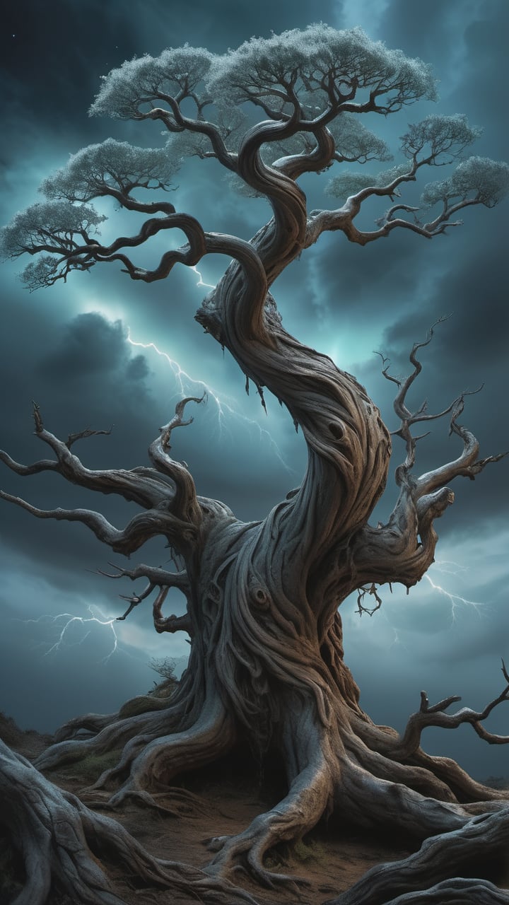 Duality of nature: A single,  gnarled tree rendered in hyper-realistic detail,  its branches reaching out towards biolumin...